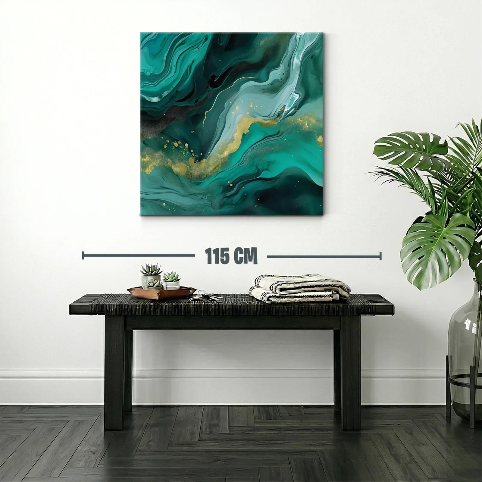 Cuadro abstracto en tonos verdes con detalles dorados — miniatura 2