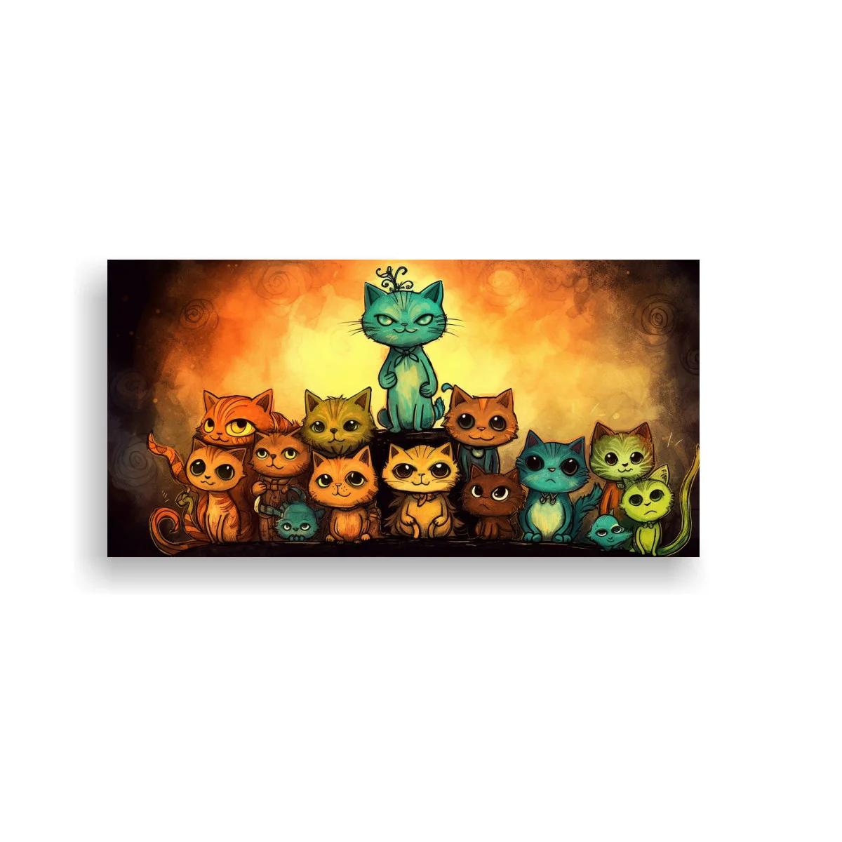 Cuadro grupo de gatos de ojos grandes con remolinos decorativos