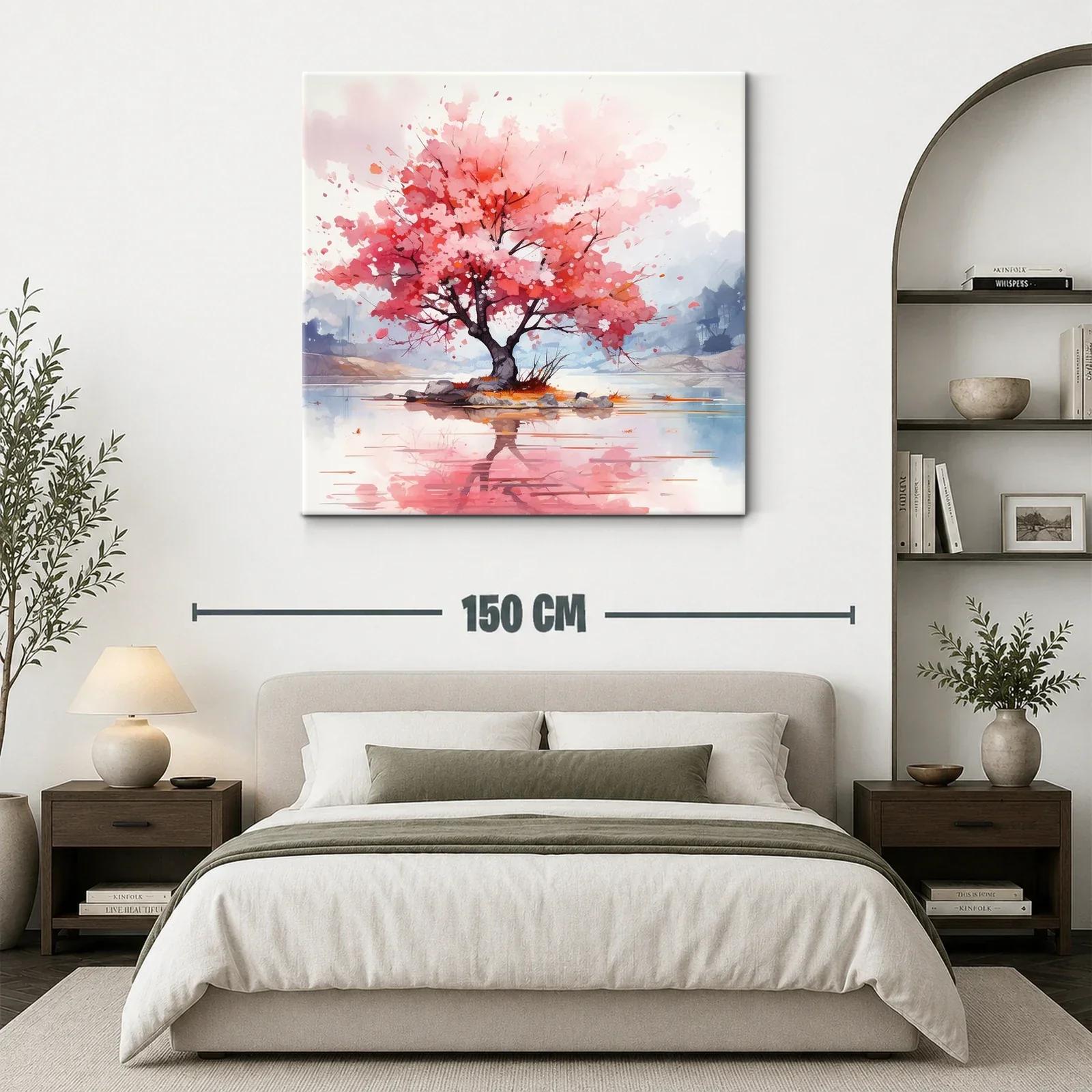 Árbol en flor rosa con reflejo en agua tranquila — miniatura 3