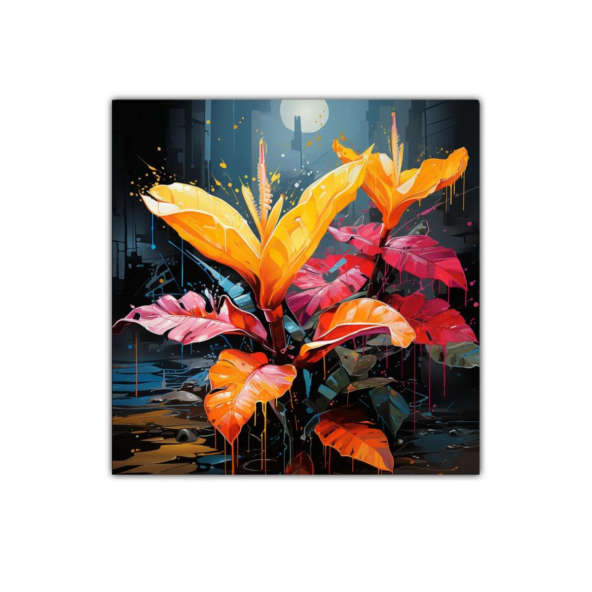 Cuadro vibrante con flores naranjas y hojas coloridas — imagen principal