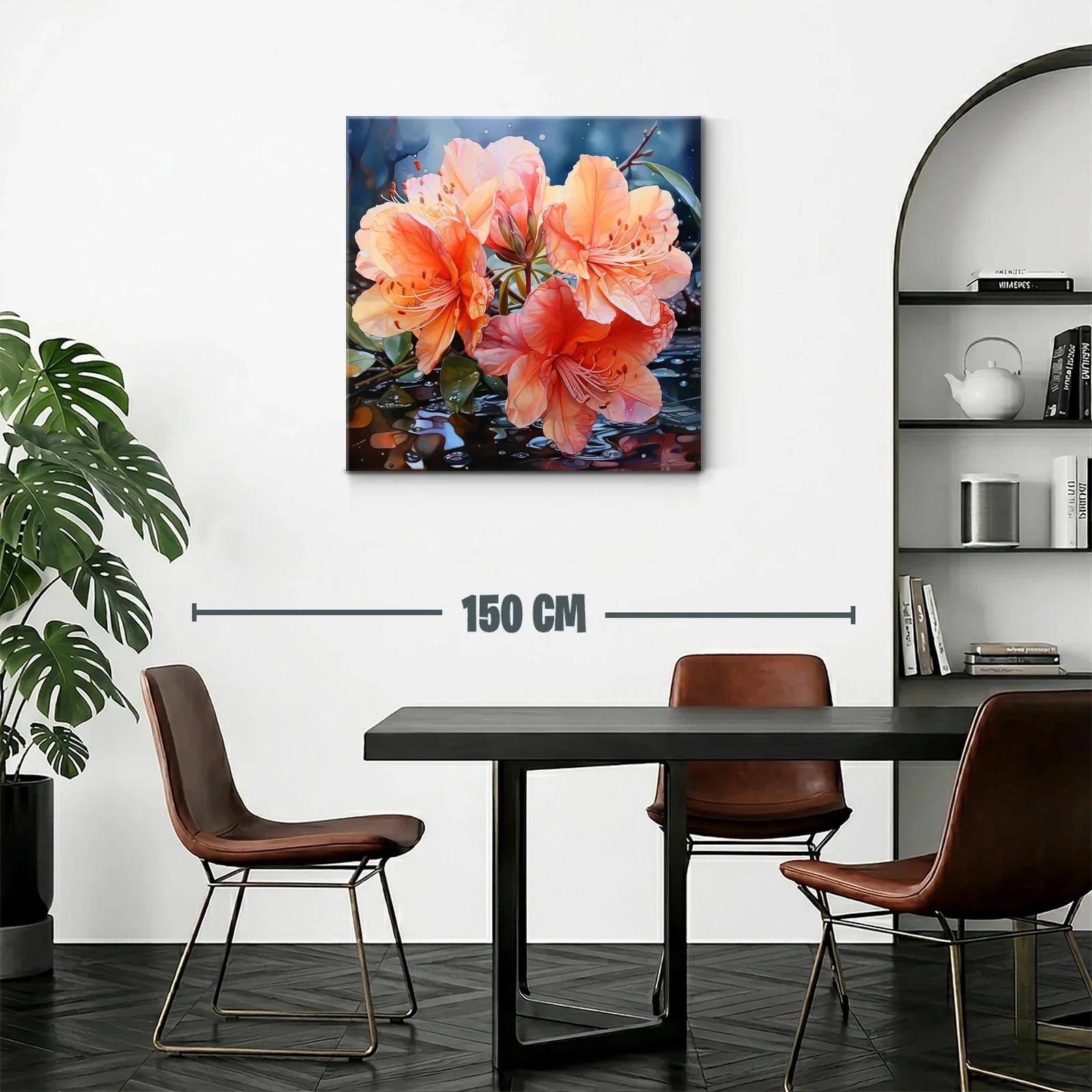 Cuadro vibrante con flores naranjas y reflejos acuáticos — miniatura 2