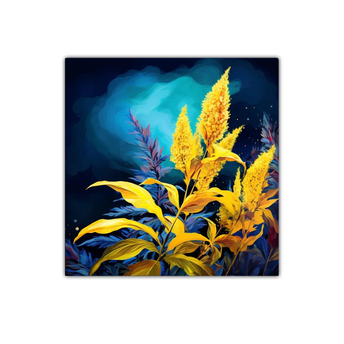 Cuadro con Flores Amarillas y Fondo Azul Intenso — imagen principal
