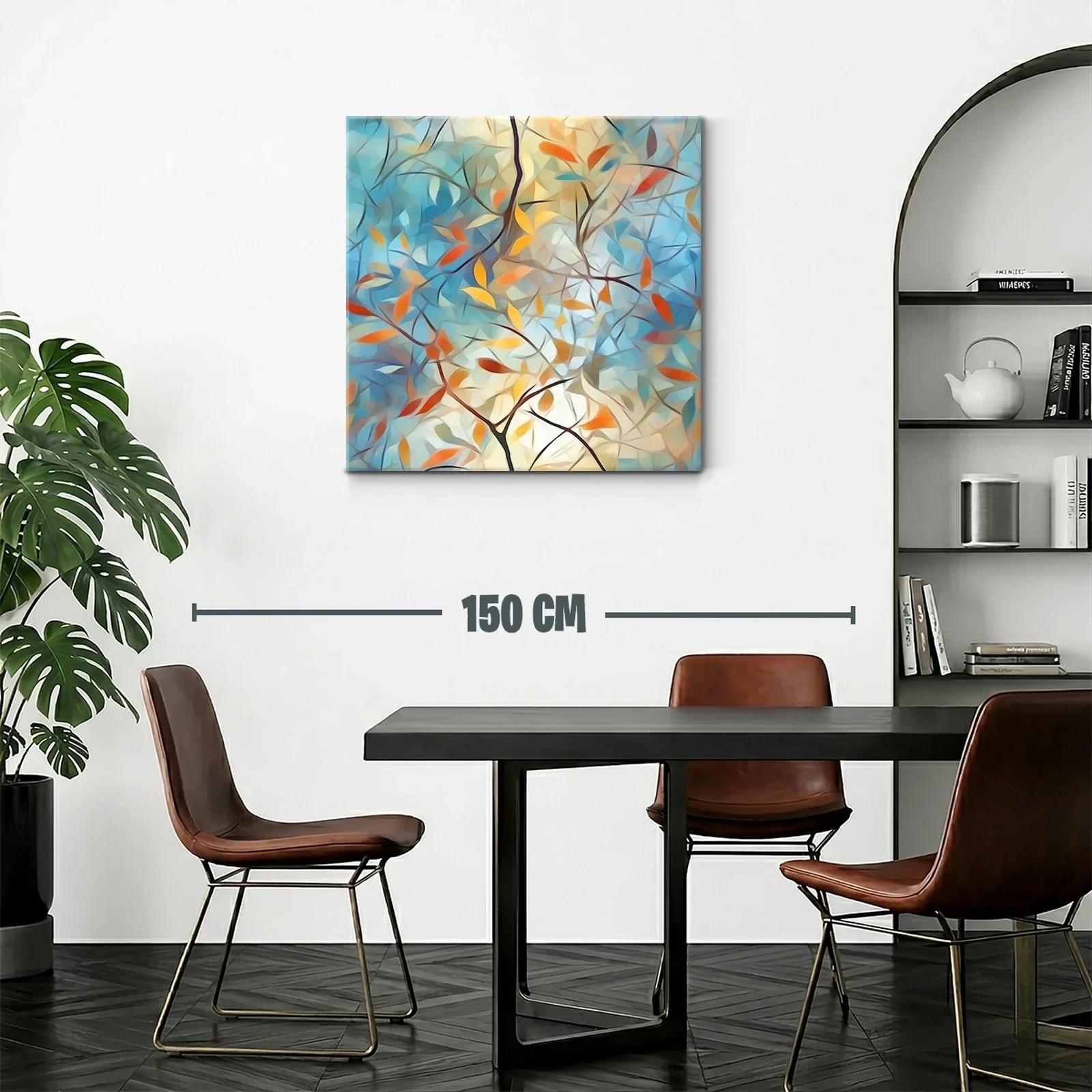 Cuadro abstracto con ramas y hojas en tonos cálidos y azules — miniatura 2