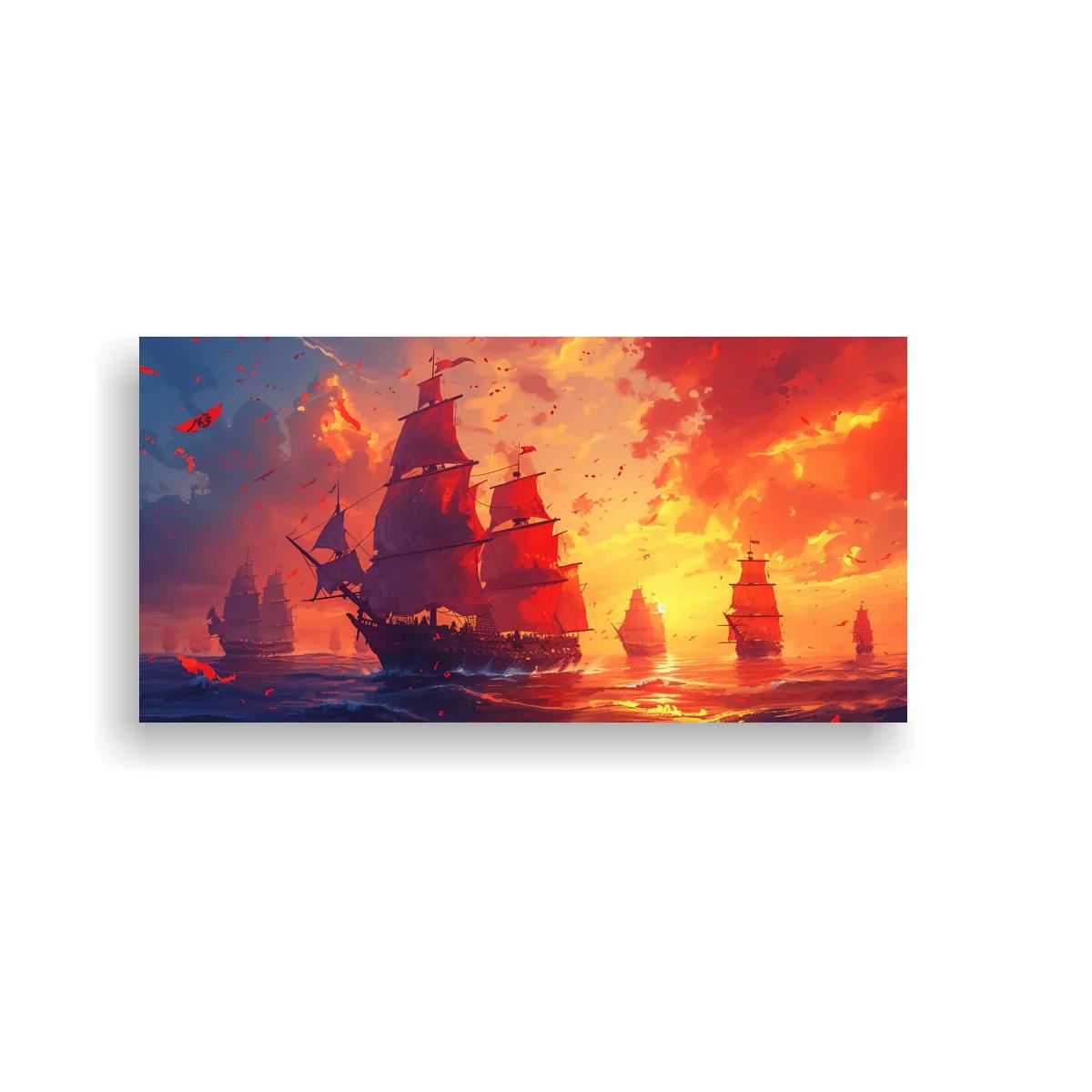 Cuadro velero de tres mástiles con cielo de atardecer