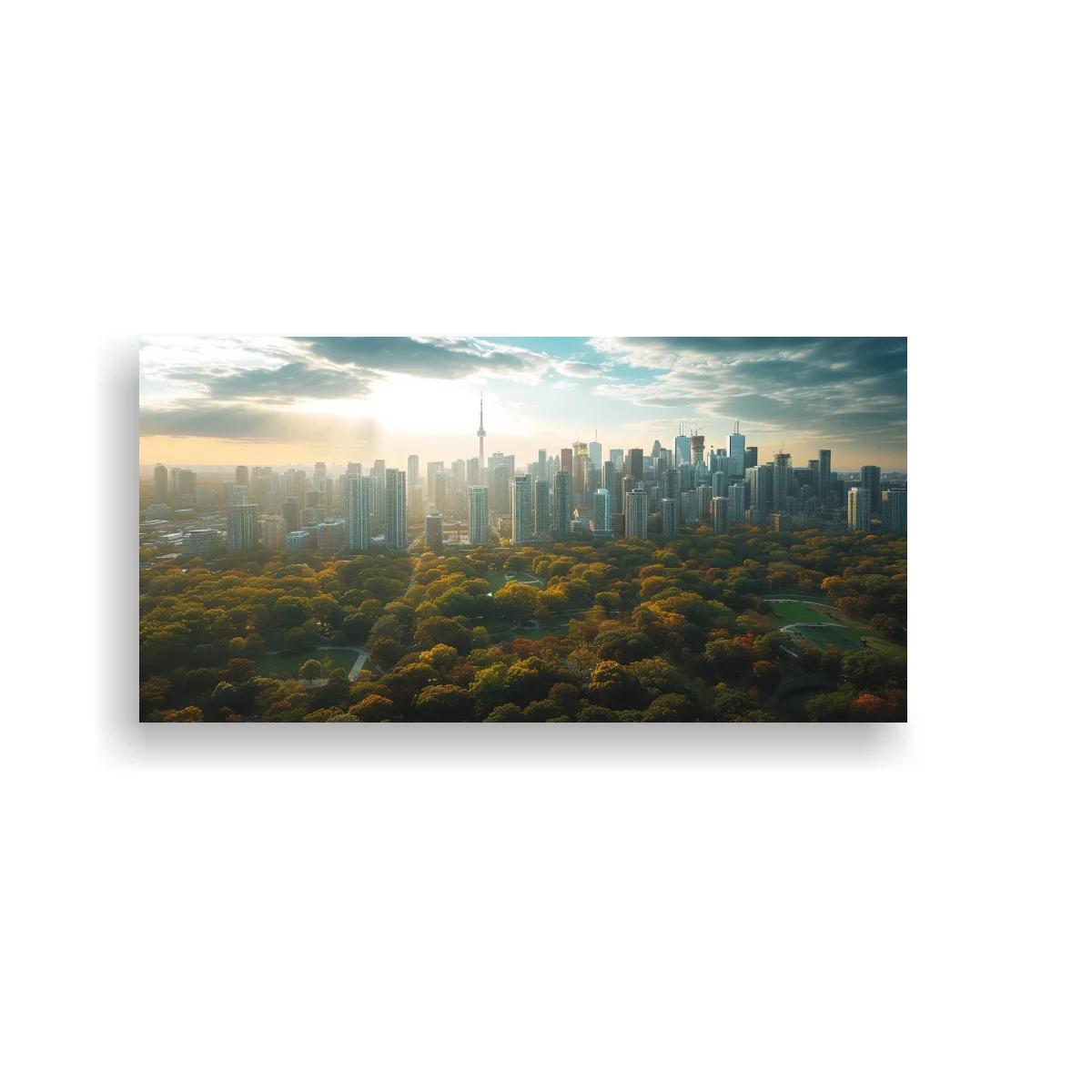 Cuadro skyline urbano entre árboles otoñales