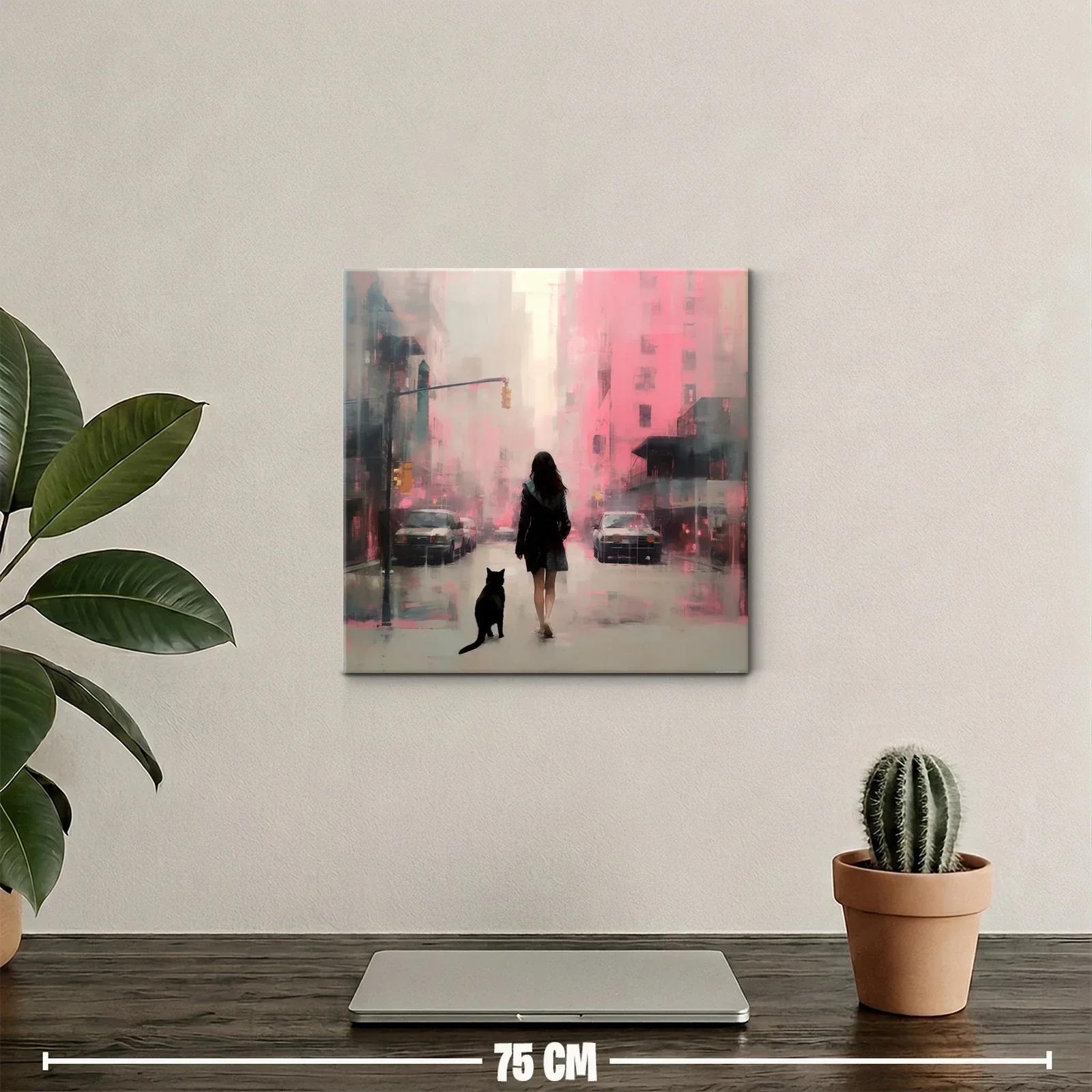 Calle urbana con figura femenina y gato en tonos rosas — miniatura 2