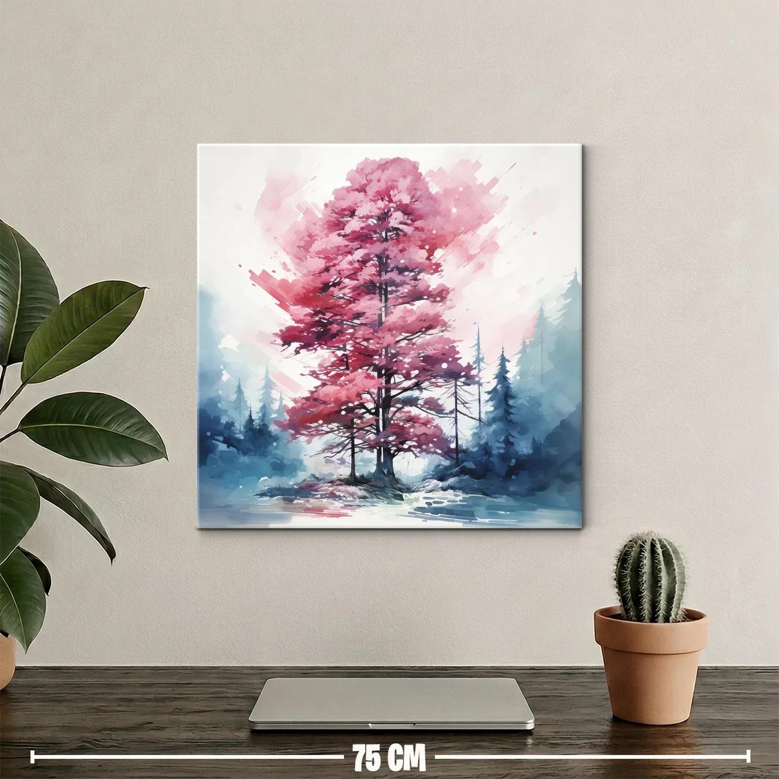 Árbol rosa en paisaje nevado con toque abstracto — miniatura 2