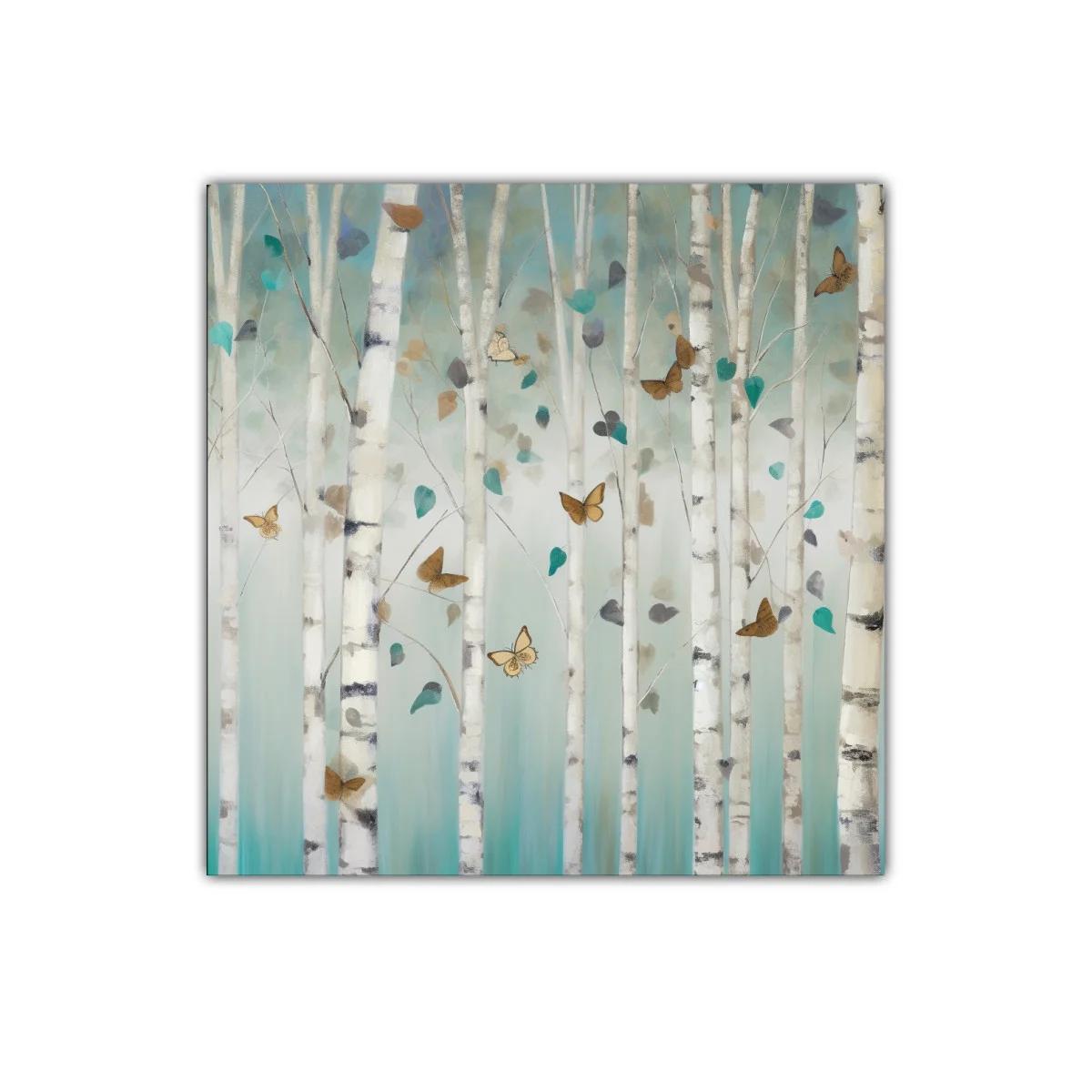 Bosque de abedules con mariposas en tonos suaves y serenos — miniatura 1