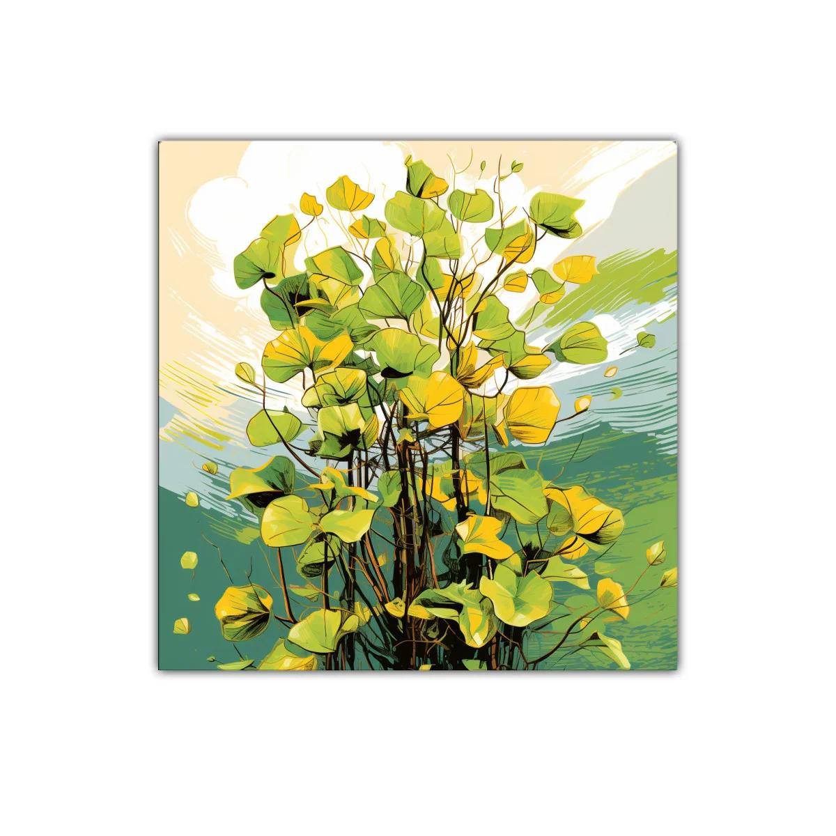 Cuadro decorativo con vibrante composición de hojas verdes y amarillas