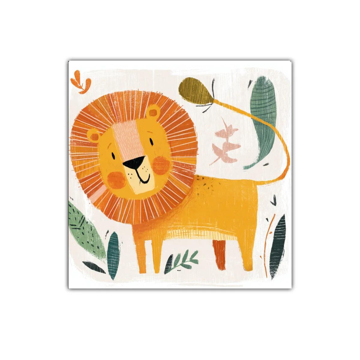 Cuadro infantil con alegre león y hojas decorativas — imagen principal