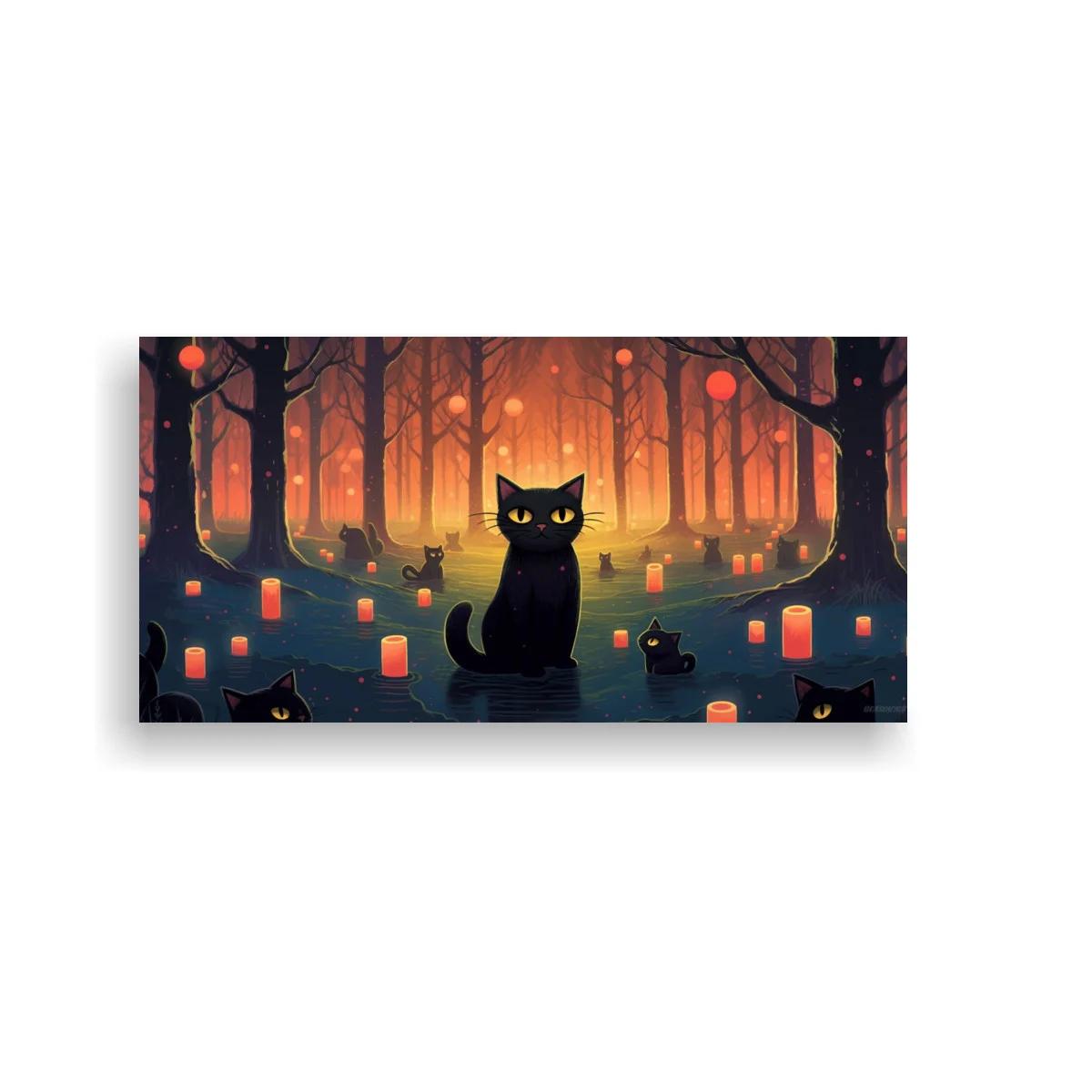 Cuadro gato negro rodeado de velas y árboles en el bosque