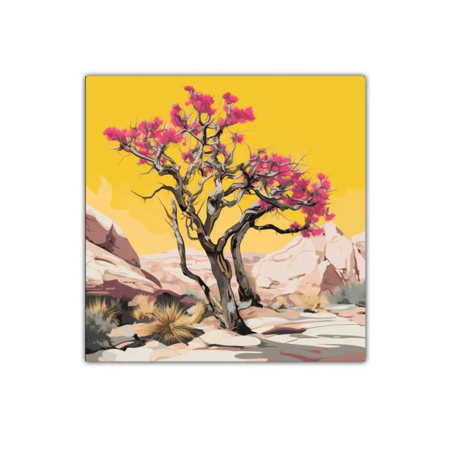 Árbol floreciente en desierto con fondo vibrante