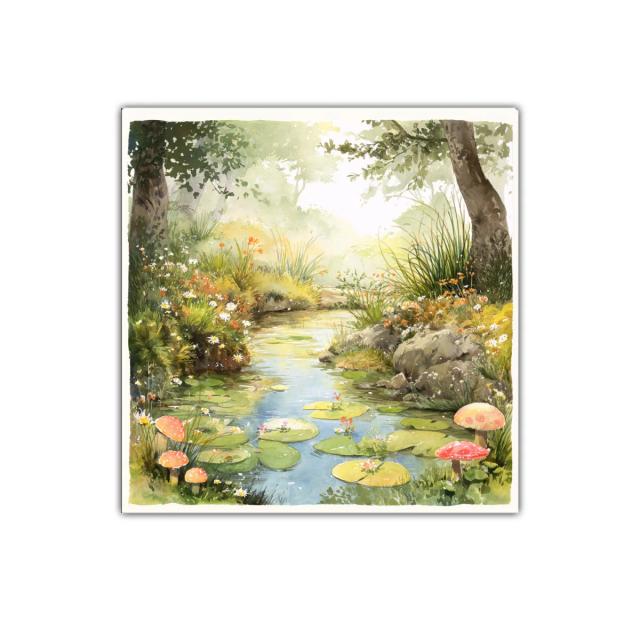 Paisaje natural con estanque y setas entre vegetación