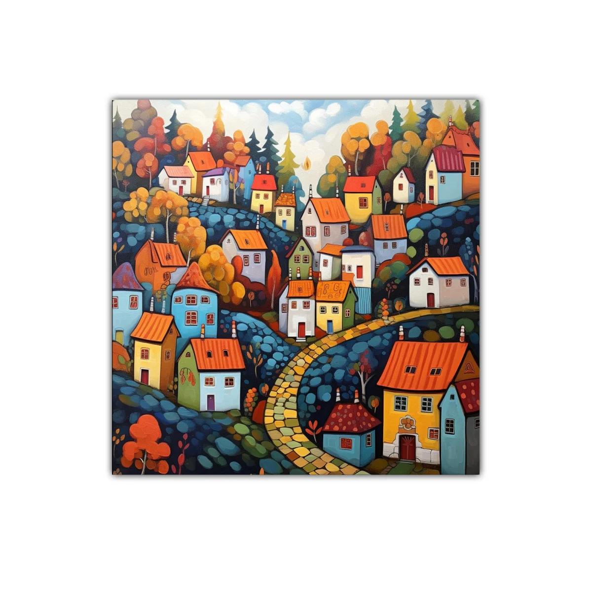 Pueblo colorido en colinas con camino serpenteante — imagen principal