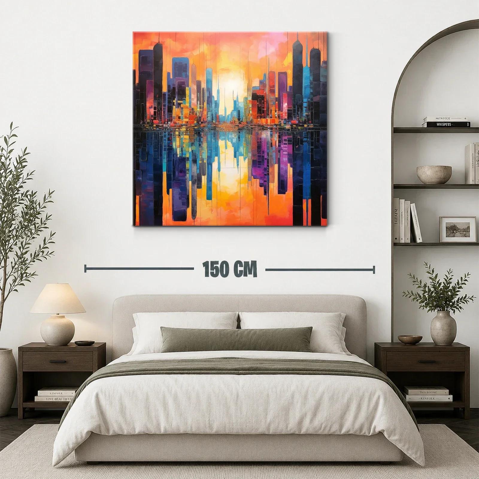 Atardecer vibrante en ciudad reflejada en agua — miniatura 3