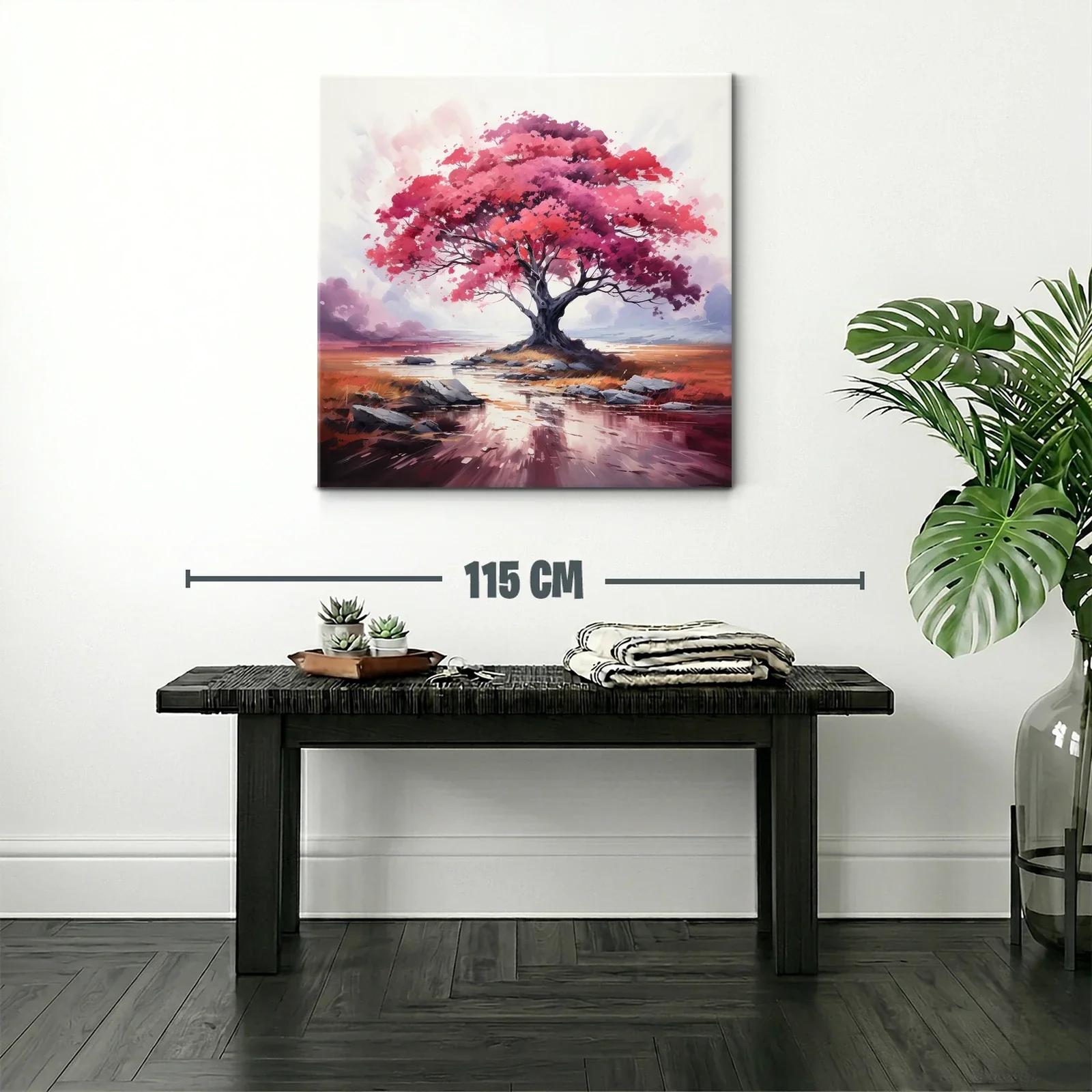 Árbol en tonos rosas y rojos sobre paisaje sereno — miniatura 2