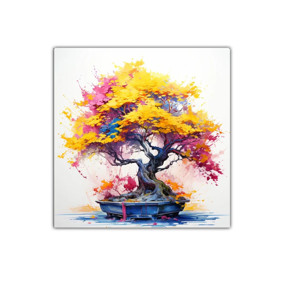 Árbol de bonsái con vibrantes hojas otoñales en amarillo y rosa