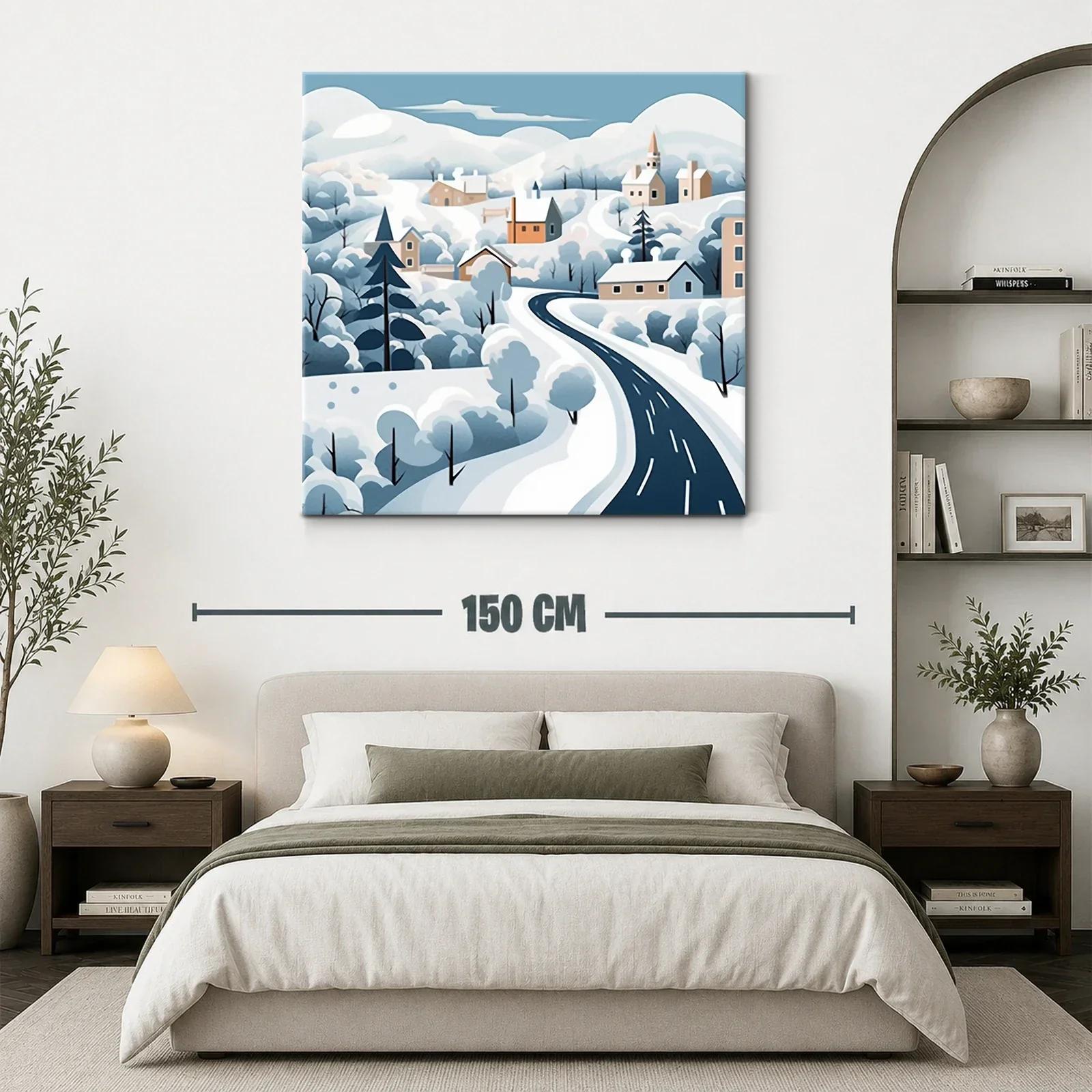 Paisaje invernal con carretera serpenteante y casas — miniatura 3