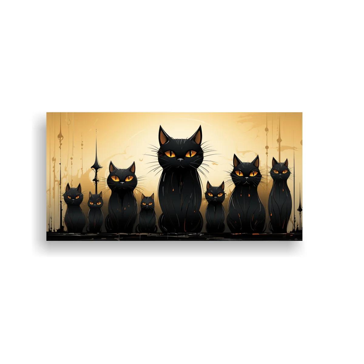 Cuadro grupo de gatos negros con ojos amarillos y fondo urbano