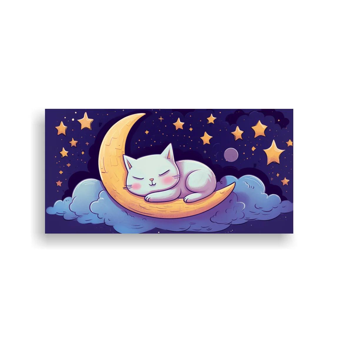 Cuadro gato blanco dormido sobre luna creciente
