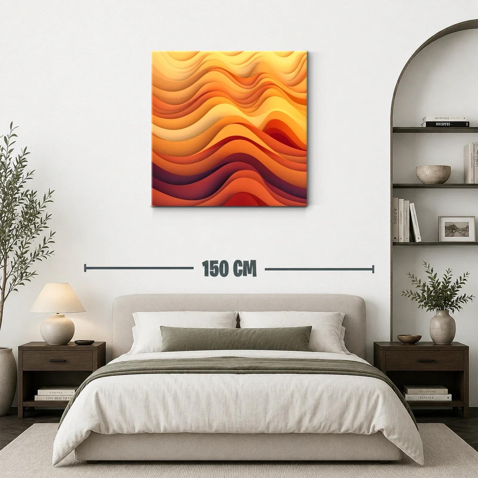 Cuadro abstracto con ondas cálidas en tonos naranjas y amarillos — miniatura 3