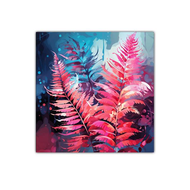 Cuadro decorativo con hojas en tonos fucsia y azul