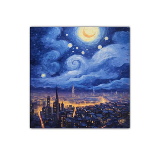 Ciudad nocturna iluminada bajo un cielo estrellado y luna creciente