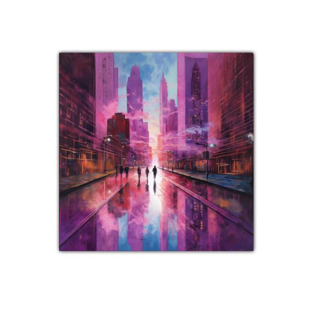 Paisaje urbano al atardecer con reflejos vibrantes