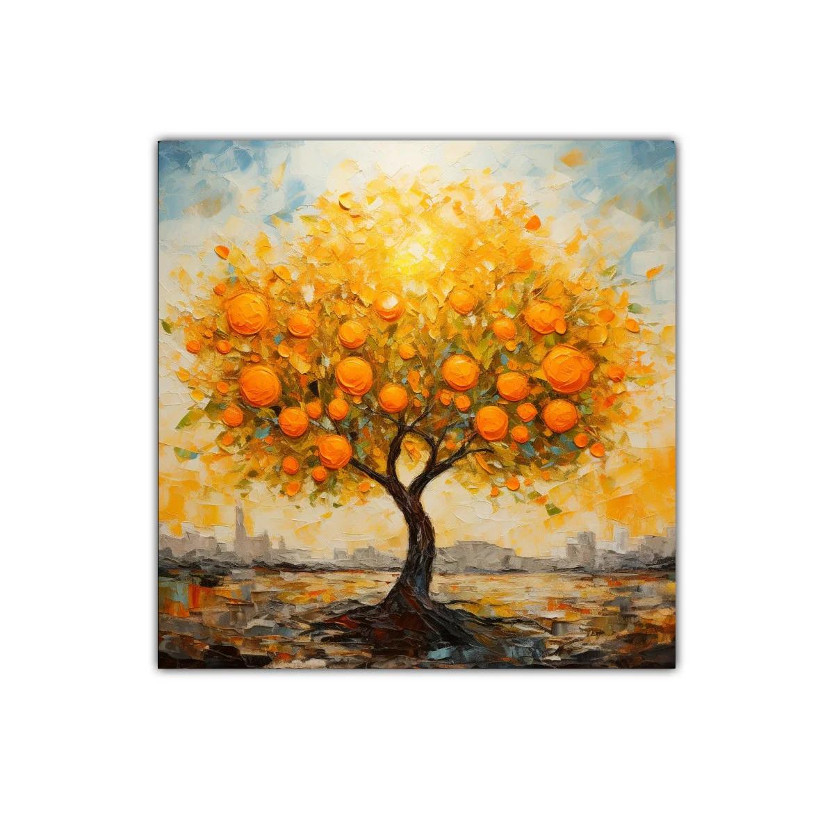 Árbol de frutas naranjas en paisaje cálido y vibrante