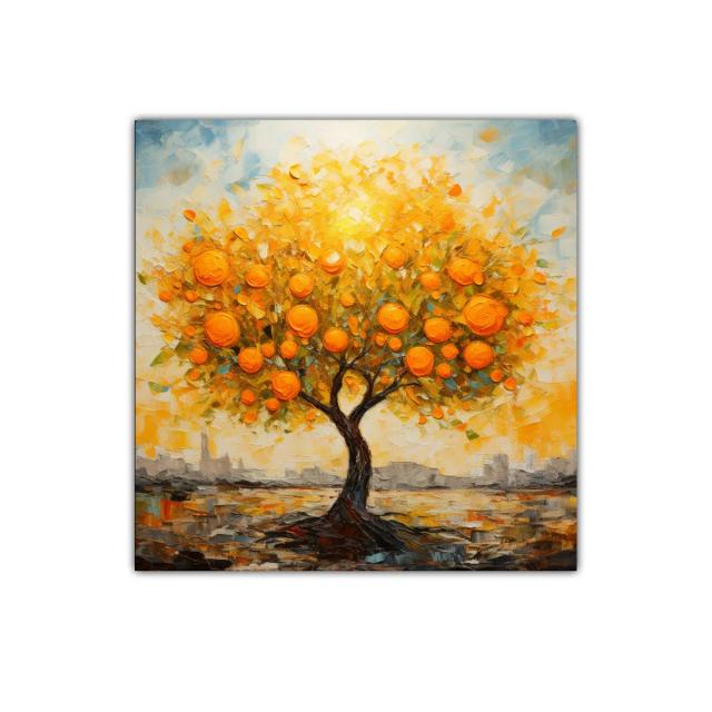 Árbol de frutas naranjas en paisaje cálido y vibrante