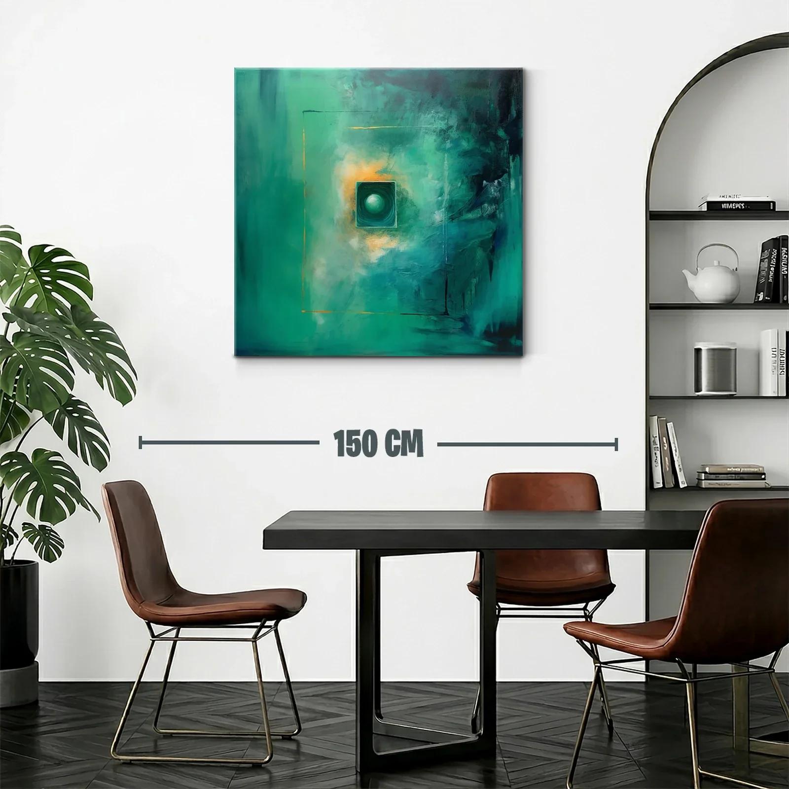 Cuadro abstracto con tonos verdes y destellos dorados — miniatura 2