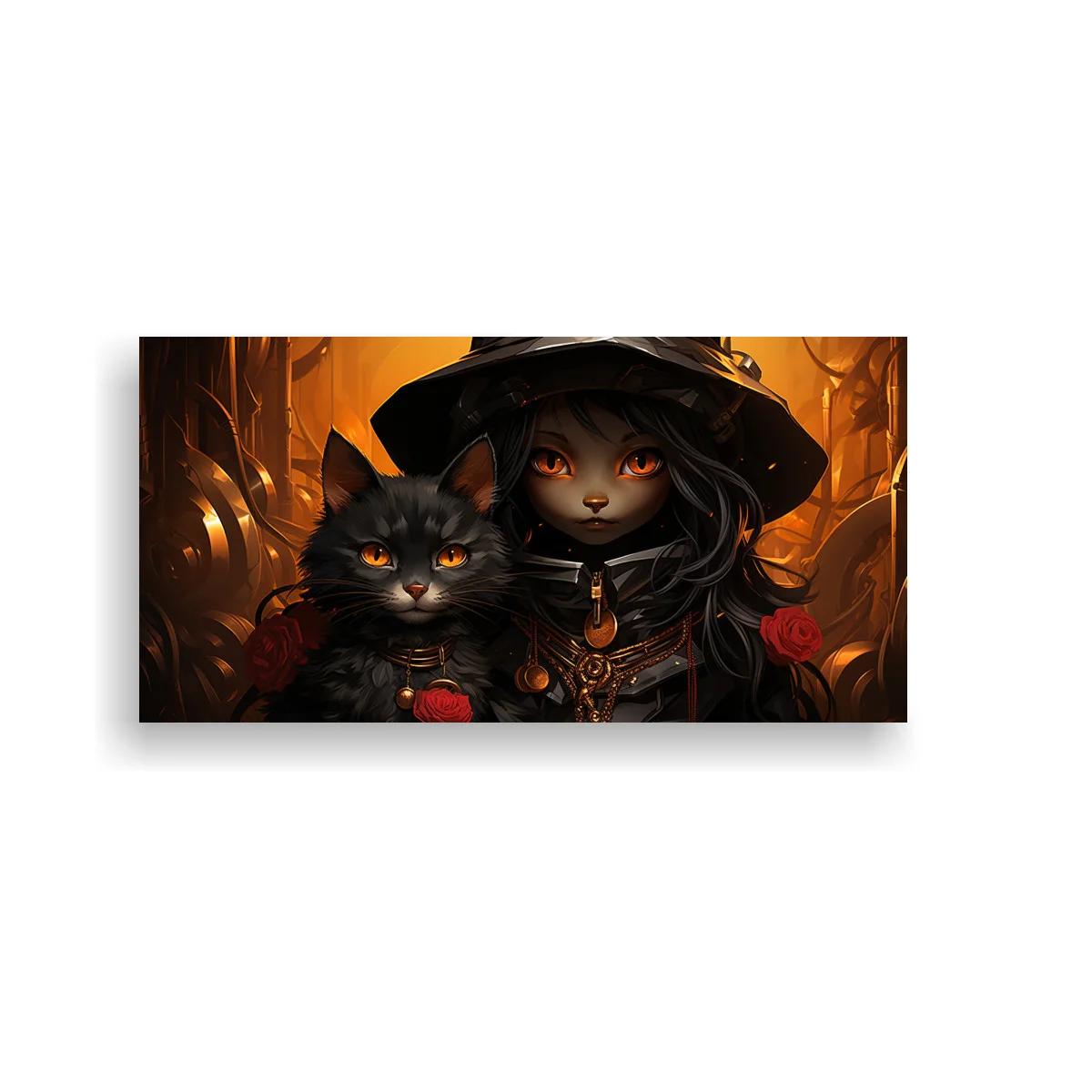 Cuadro bruja con gato negro y luz ámbar