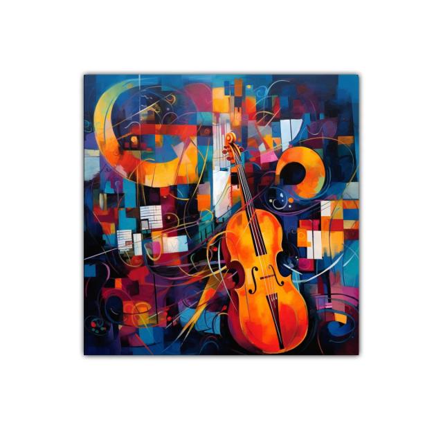 Cuadro vibrante con violonchelo y formas abstractas coloridas