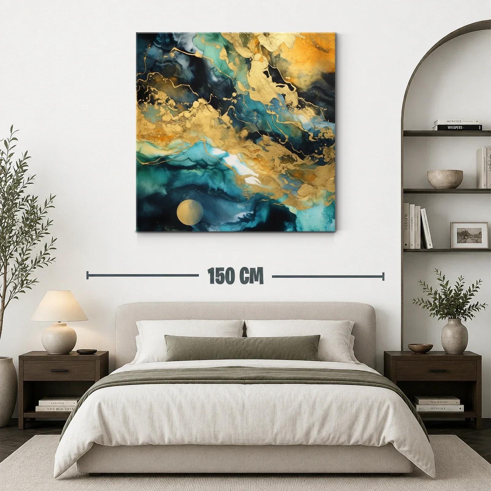 Cuadro abstracto con tonos dorados y azules intensos — miniatura 3