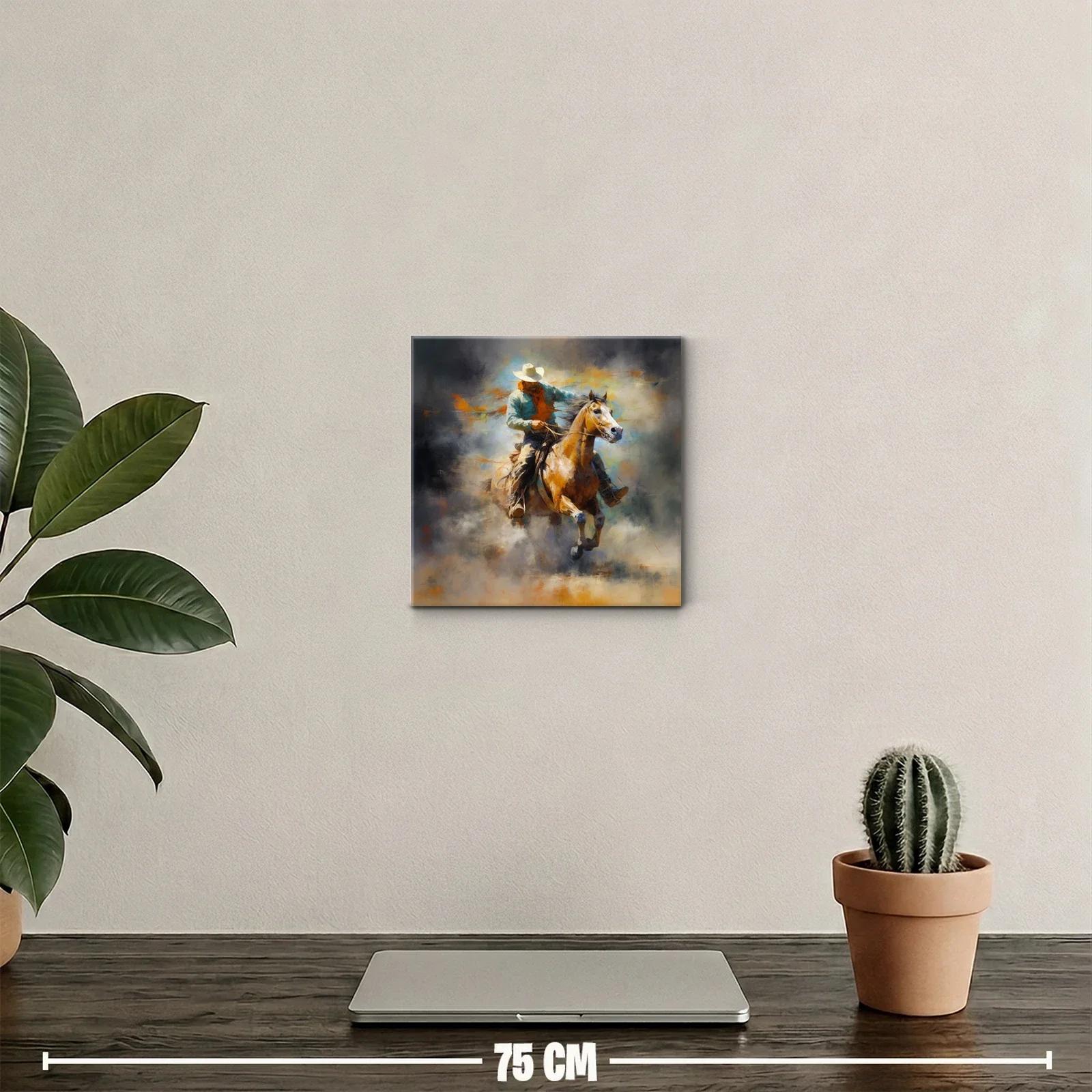 Cuadro de vaquero a caballo en movimiento con tonos cálidos — miniatura 2