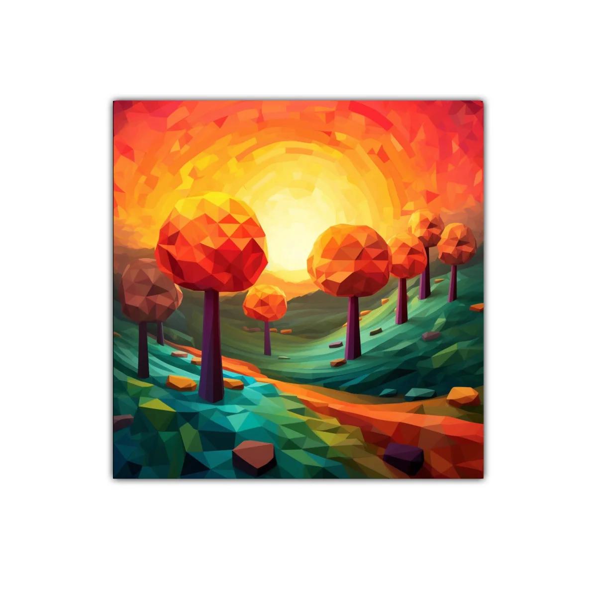 Paisaje geométrico con árboles naranjas al atardecer — imagen principal