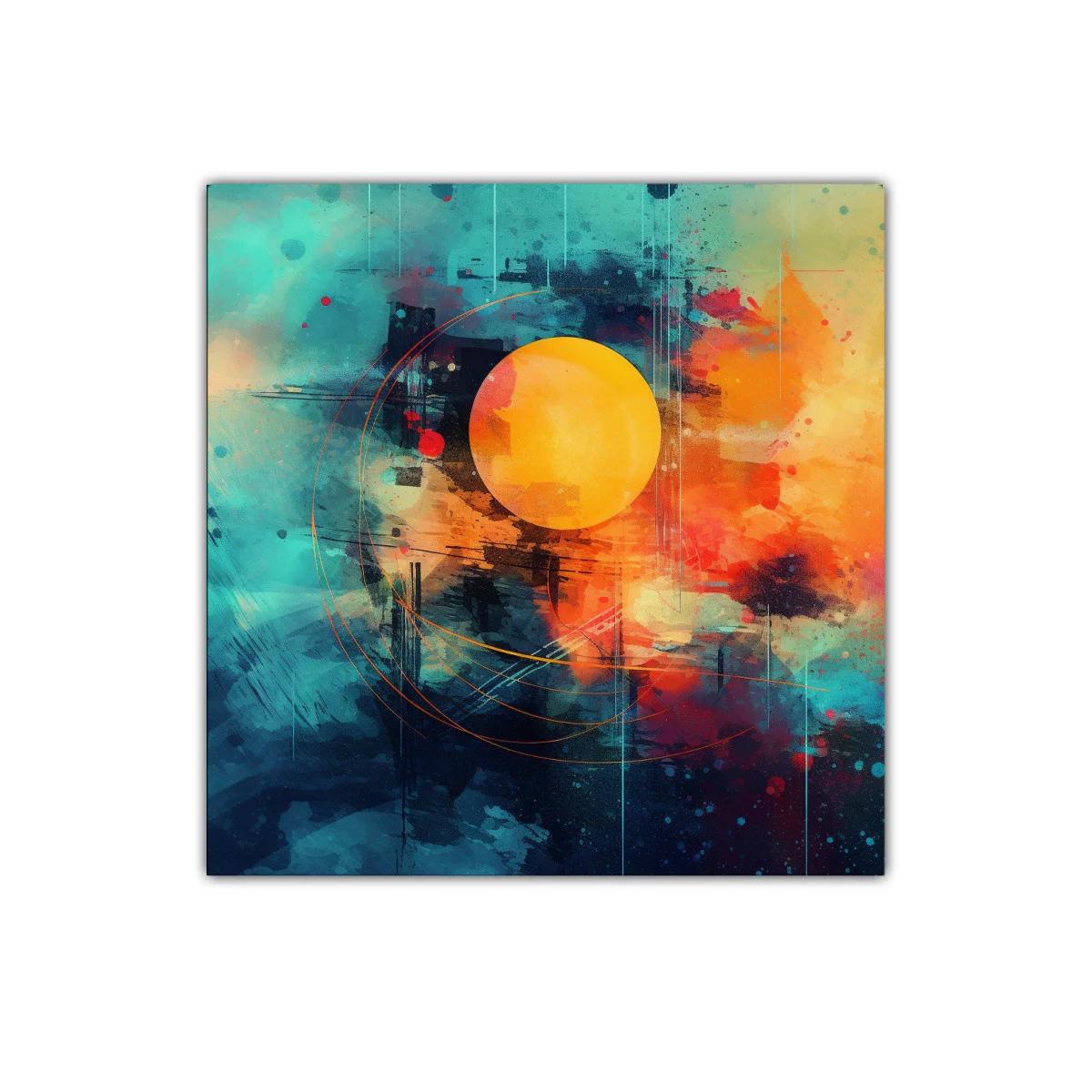 Cuadro abstracto con esfera solar vibrante y tonos intensos