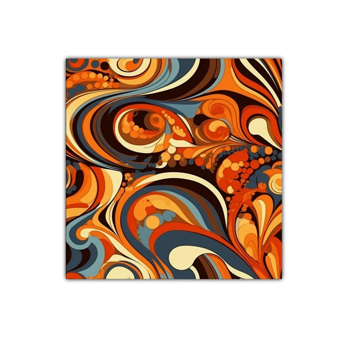 Cuadro abstracto con formas fluidas en tonos cálidos y azulados