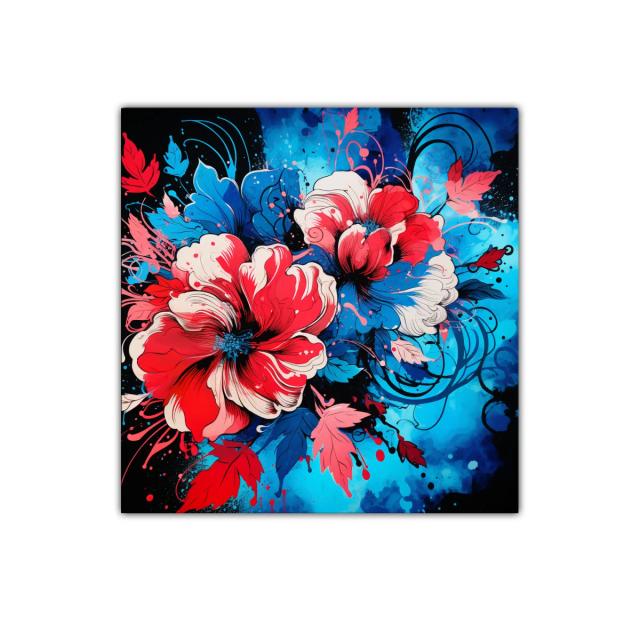 Floración vibrante en tonos rojos y azules contrastantes