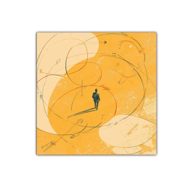 Cuadro con silueta caminante y líneas dinámicas naranjas