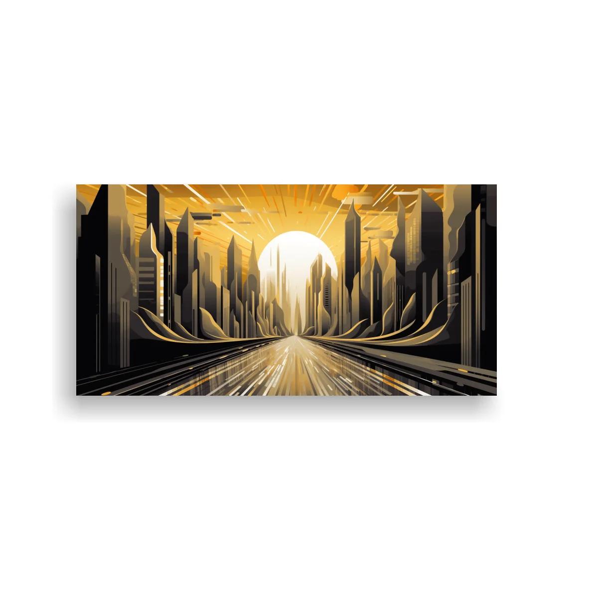 Cuadro ciudad futurista con sol dorado y rascacielos geométricos — imagen principal