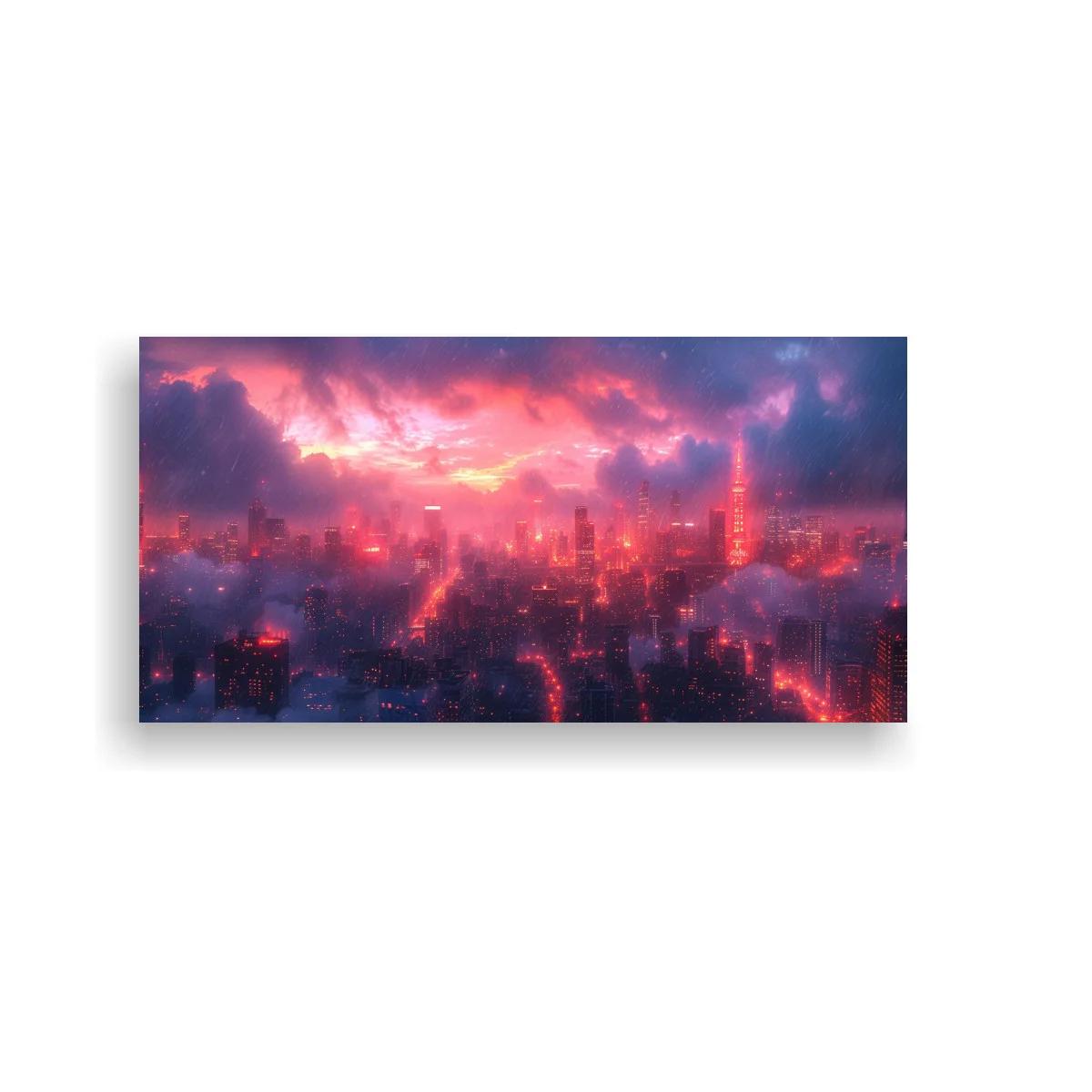 Cuadro skyline urbano al atardecer con cielo rosa y violeta