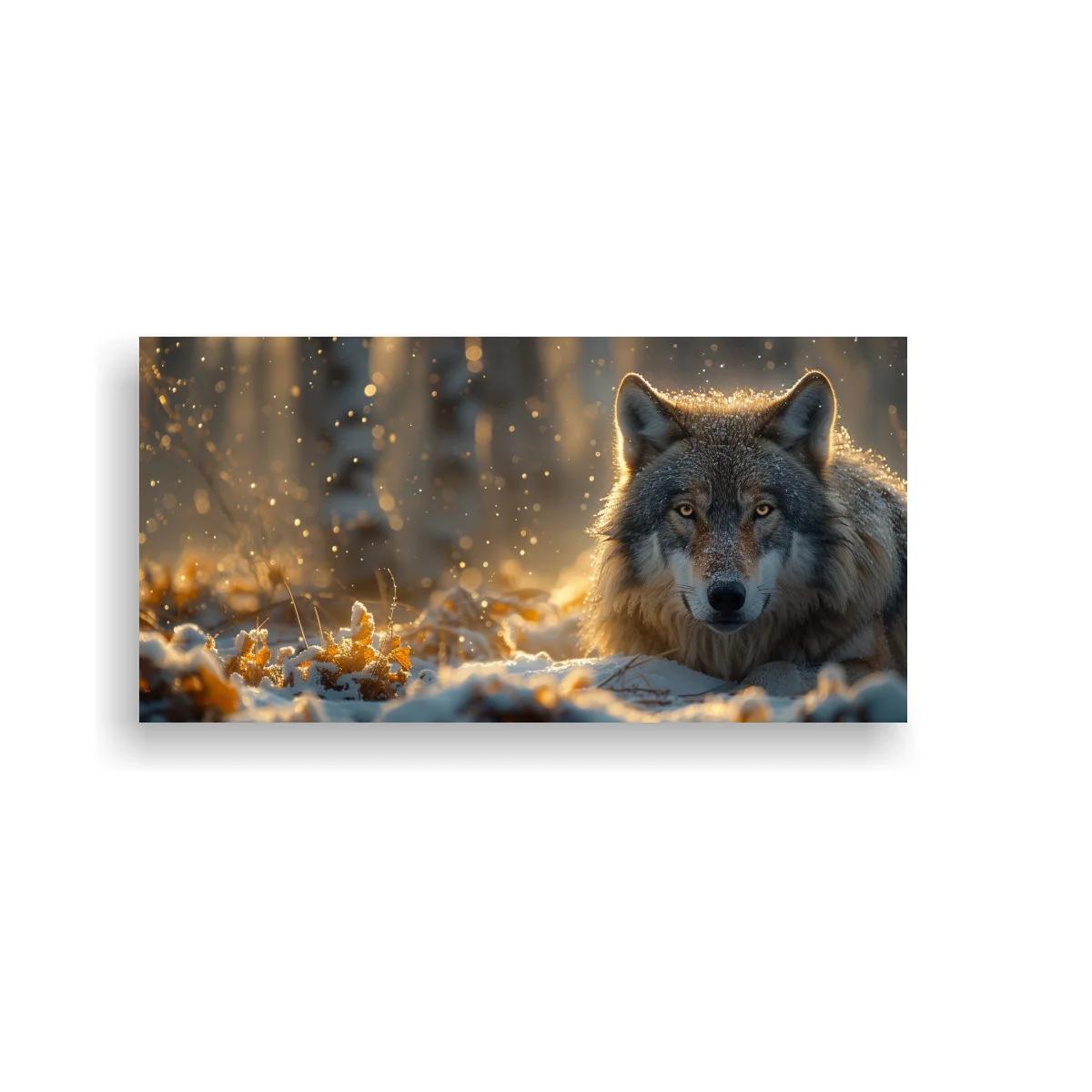 Cuadro lobo gris con ojos ámbar y fondo invernal desenfocado