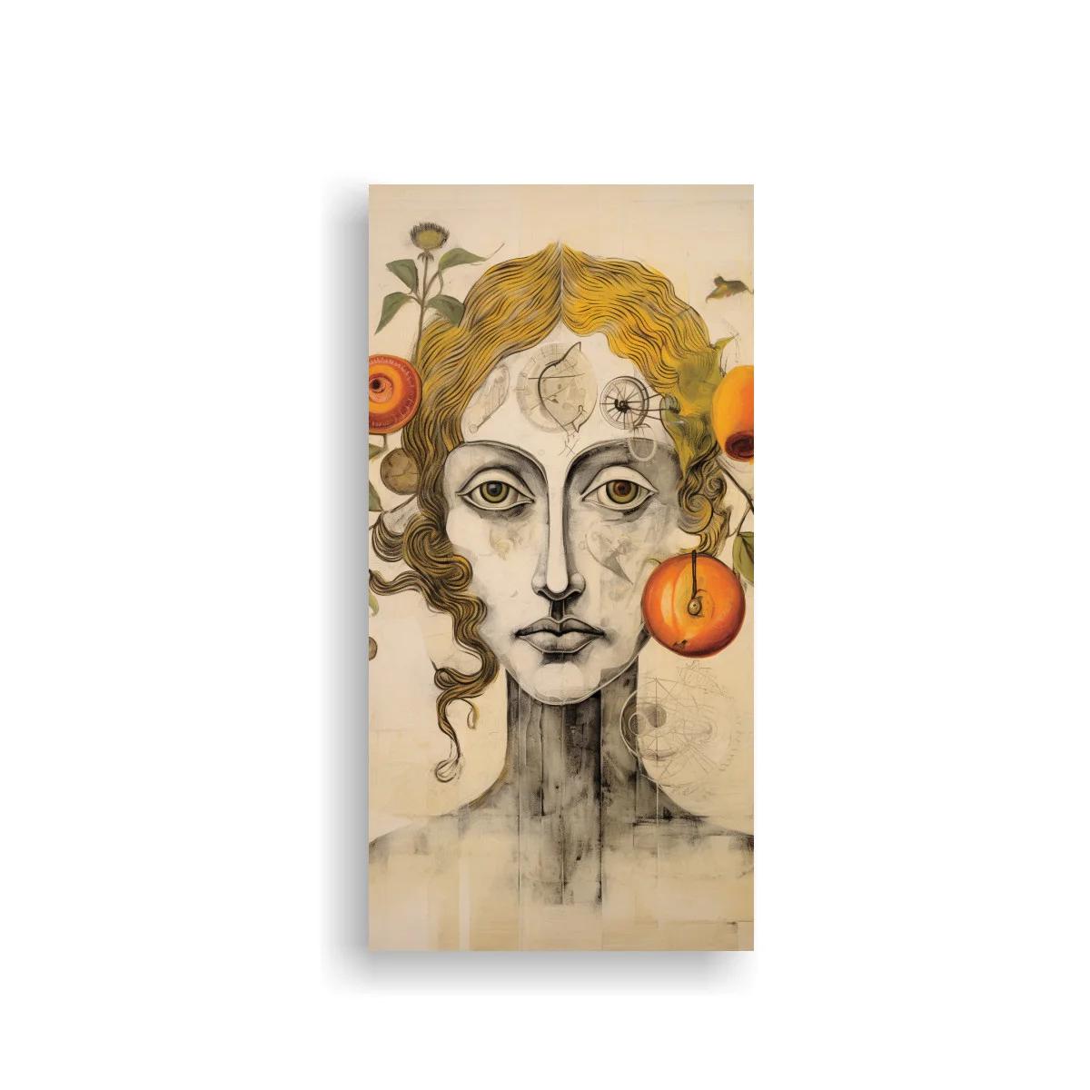 Cuadro rostro femenino surrealista con insectos alados y naranjas
