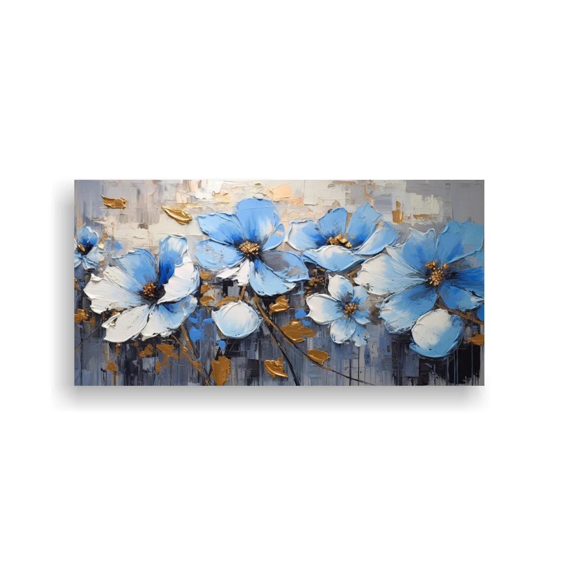 Cuadro flores azules con goteos de pintura