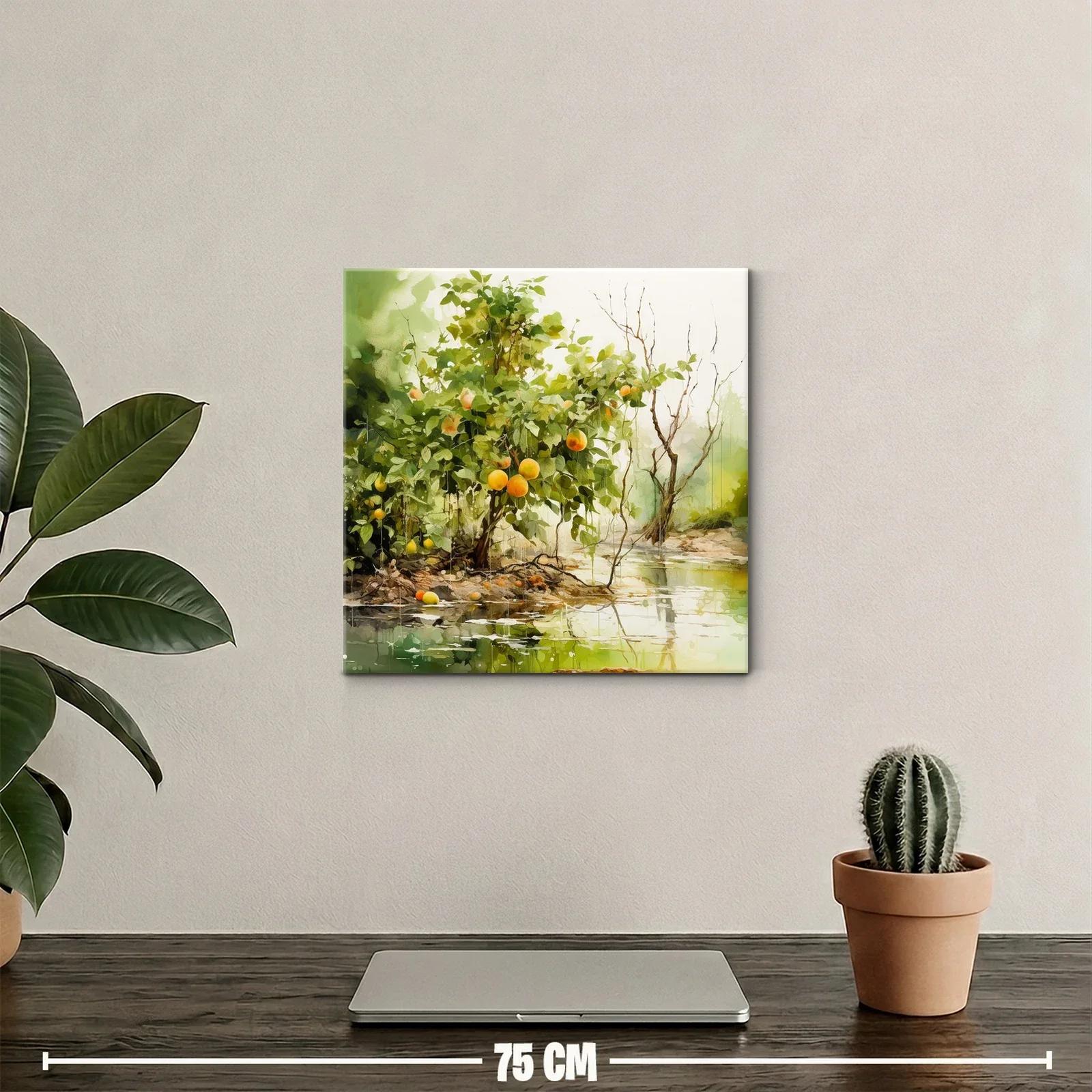 Cuadro paisaje natural con árboles y frutos en tonos verdes y naranjas — miniatura 2