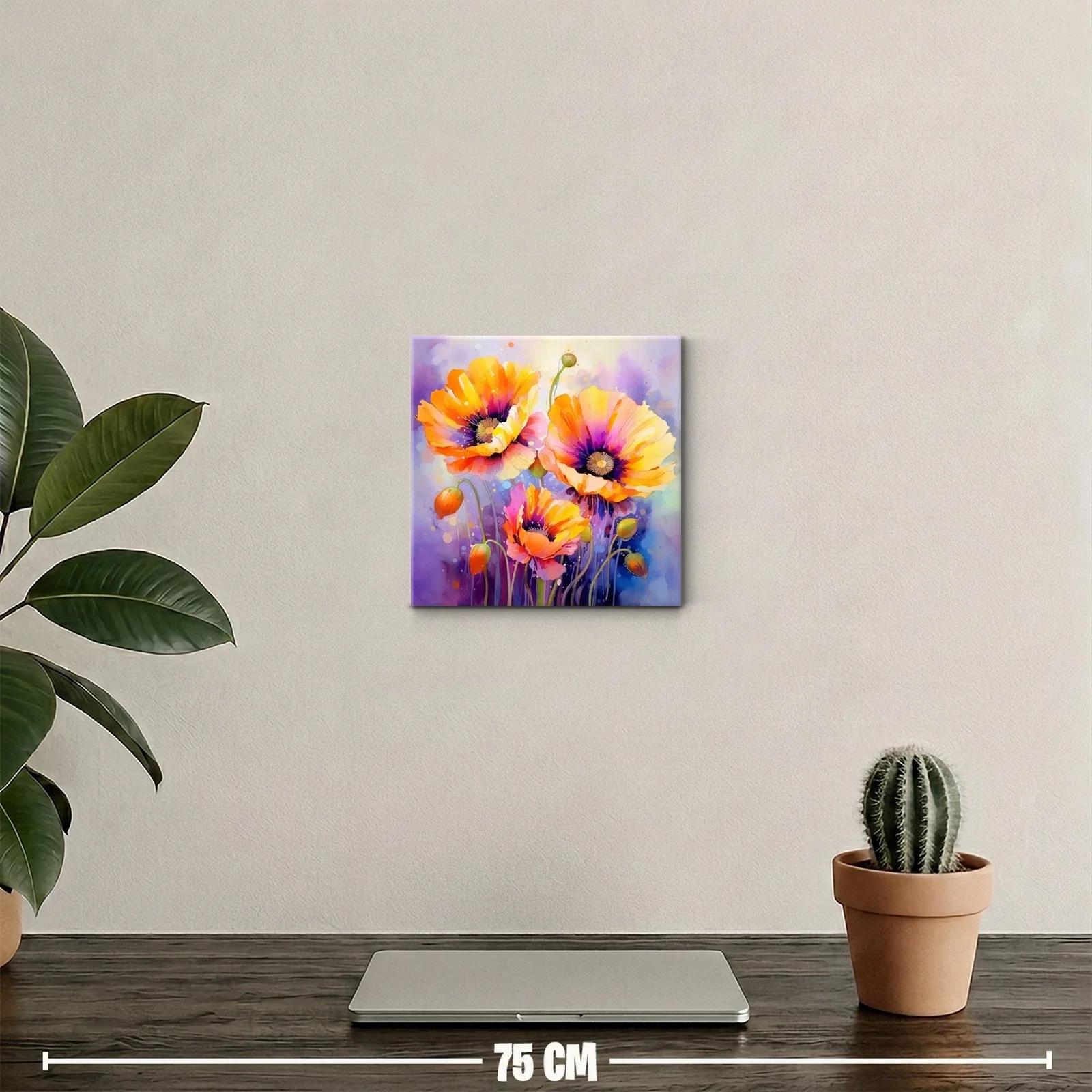 Cuadro vibrante con amapolas en tonos cálidos y fondo liláceo — miniatura 2