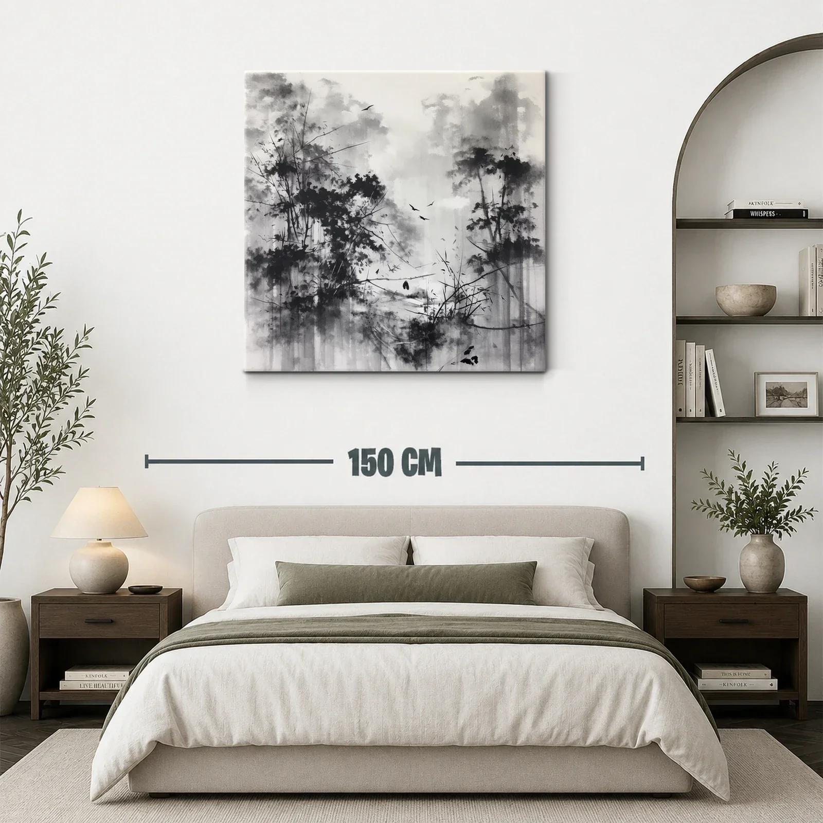 Bosque brumoso con aves en tonos grises y negros — miniatura 3