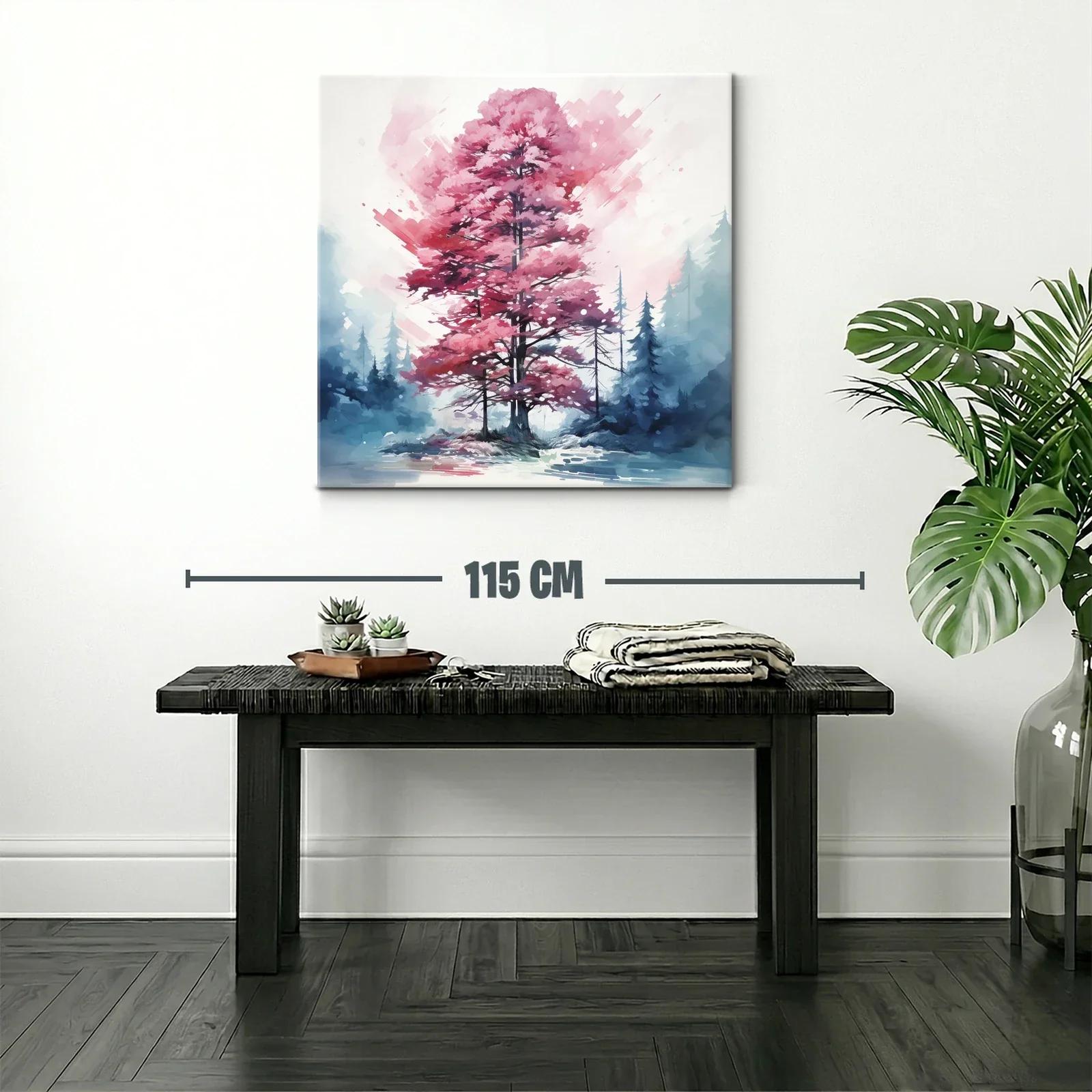 Árbol rosa en paisaje nevado con toque abstracto — miniatura 2