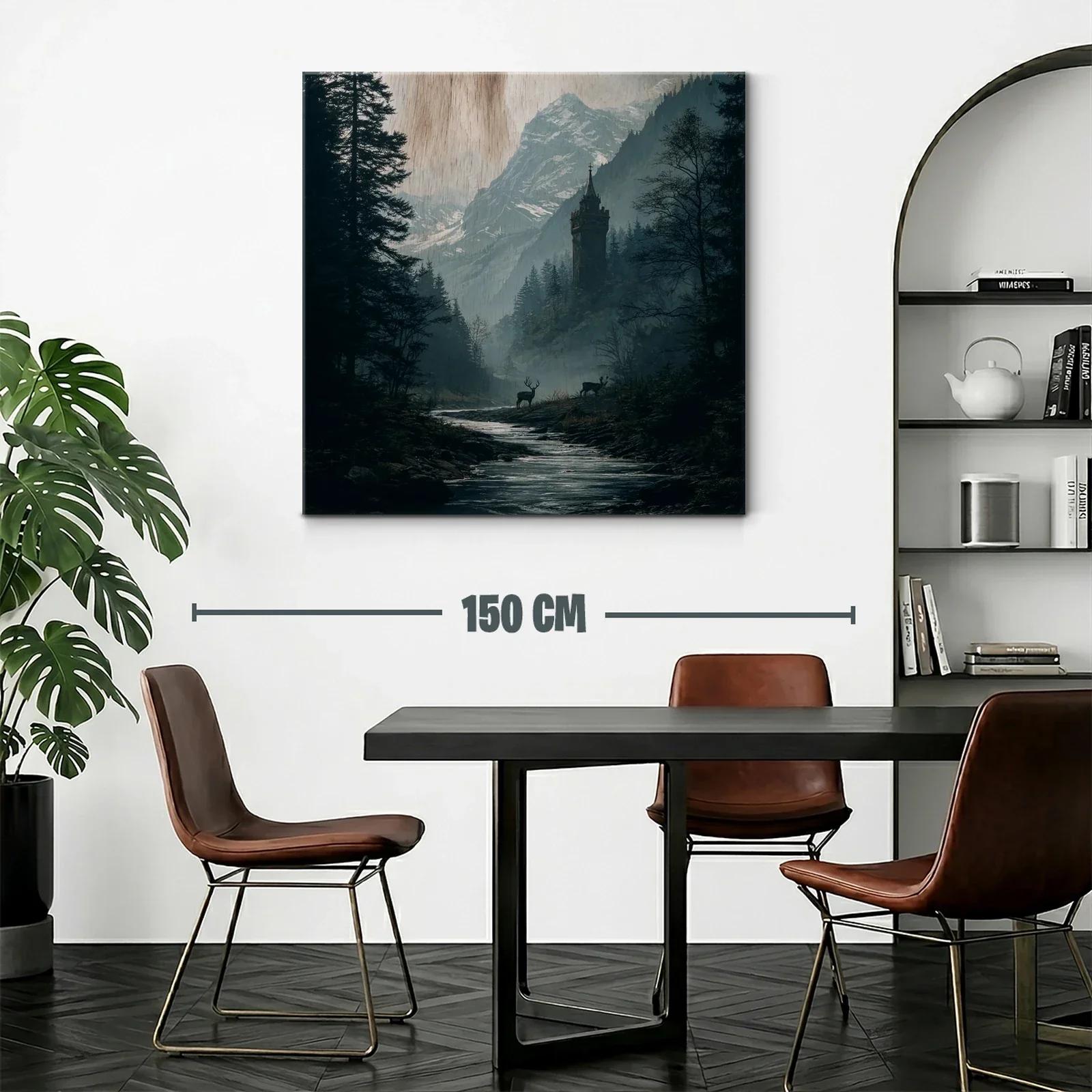 Paisaje montañoso con torre mística y ciervos al amanecer — miniatura 2